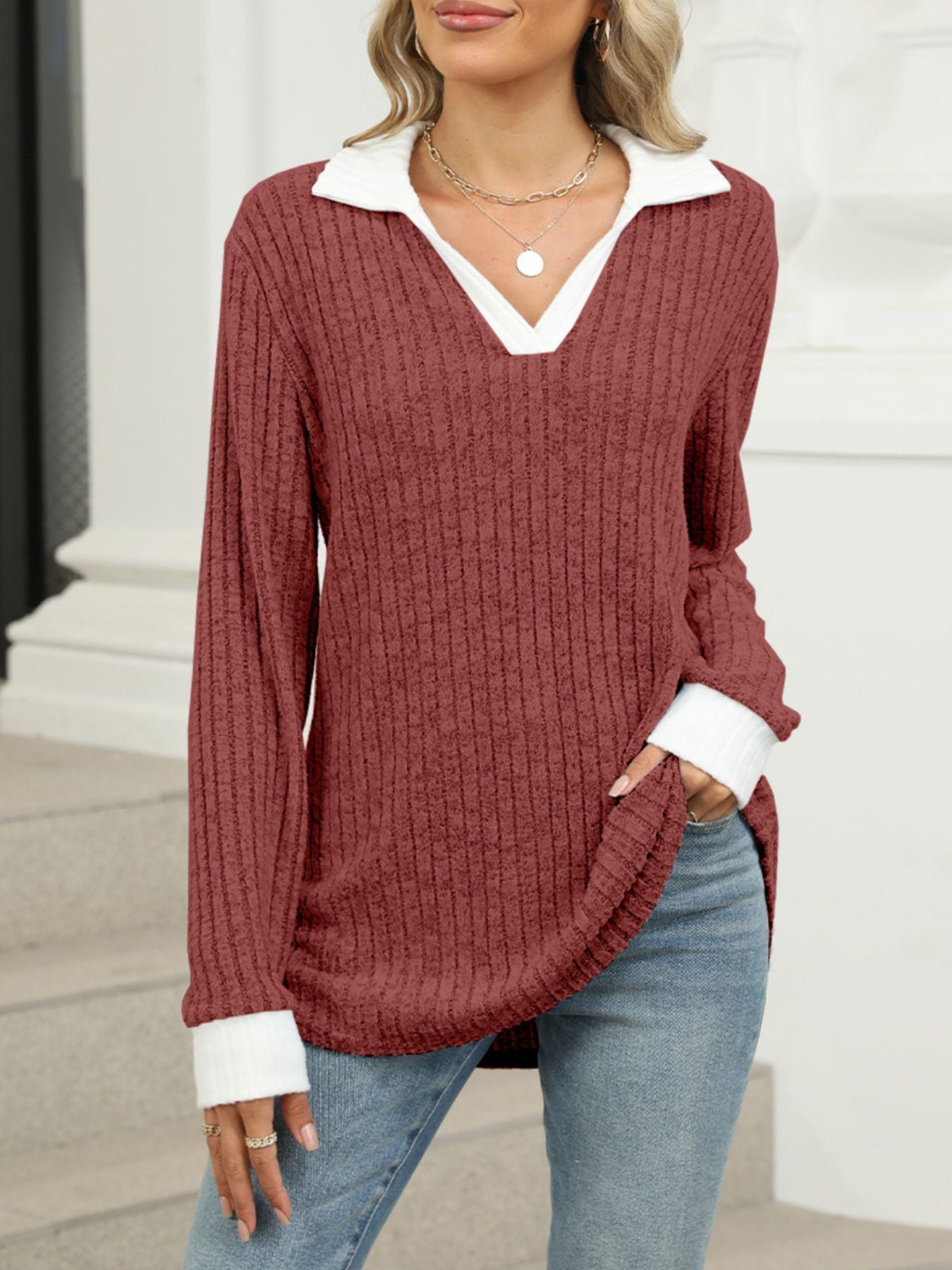 Cedar & Moore Ribbed Knit Long Sleeve T-Shirt in burgundy with white collar and cuffs, Trendsi