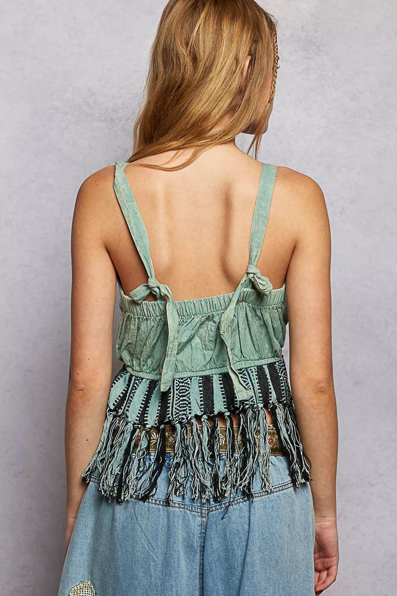 Cedar & Moore POL lace-up fringe hem tank in sage green with lace detail and back ties