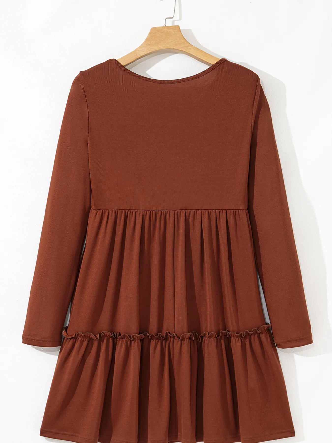 Frill Tiered Long Sleeve Mini Dress in rust by Trendsi
