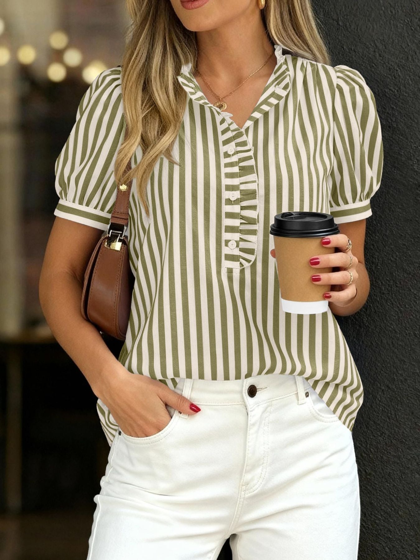 Frill Striped Puff Sleeve Blouse in olive green and white with a buttoned front and ruffled detailing.