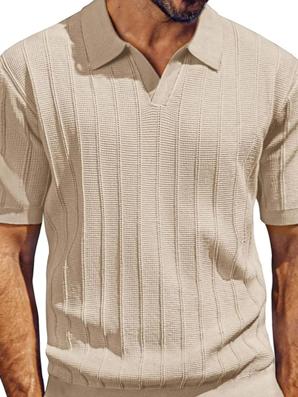 Men's textured polo shirt with collared neck, short sleeves, khaki