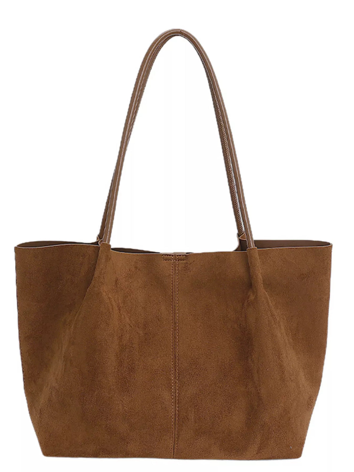 Brown suede large tote bag with double handles and central seam detail