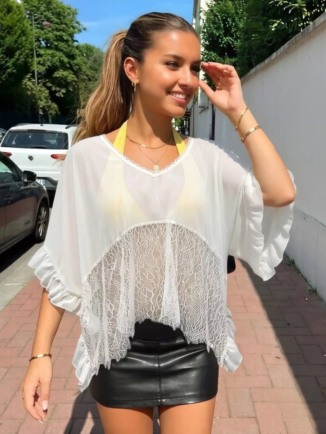 Cedar & Moore Lace Trim Flowy Cover-Up white, sheer lace overlay with ruffles