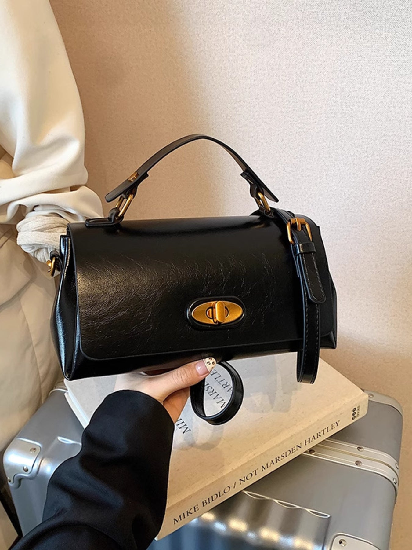 Flap Leather Shoulder Bag, black PU leather with gold-tone turn-lock, small size, top-handle with detachable strap