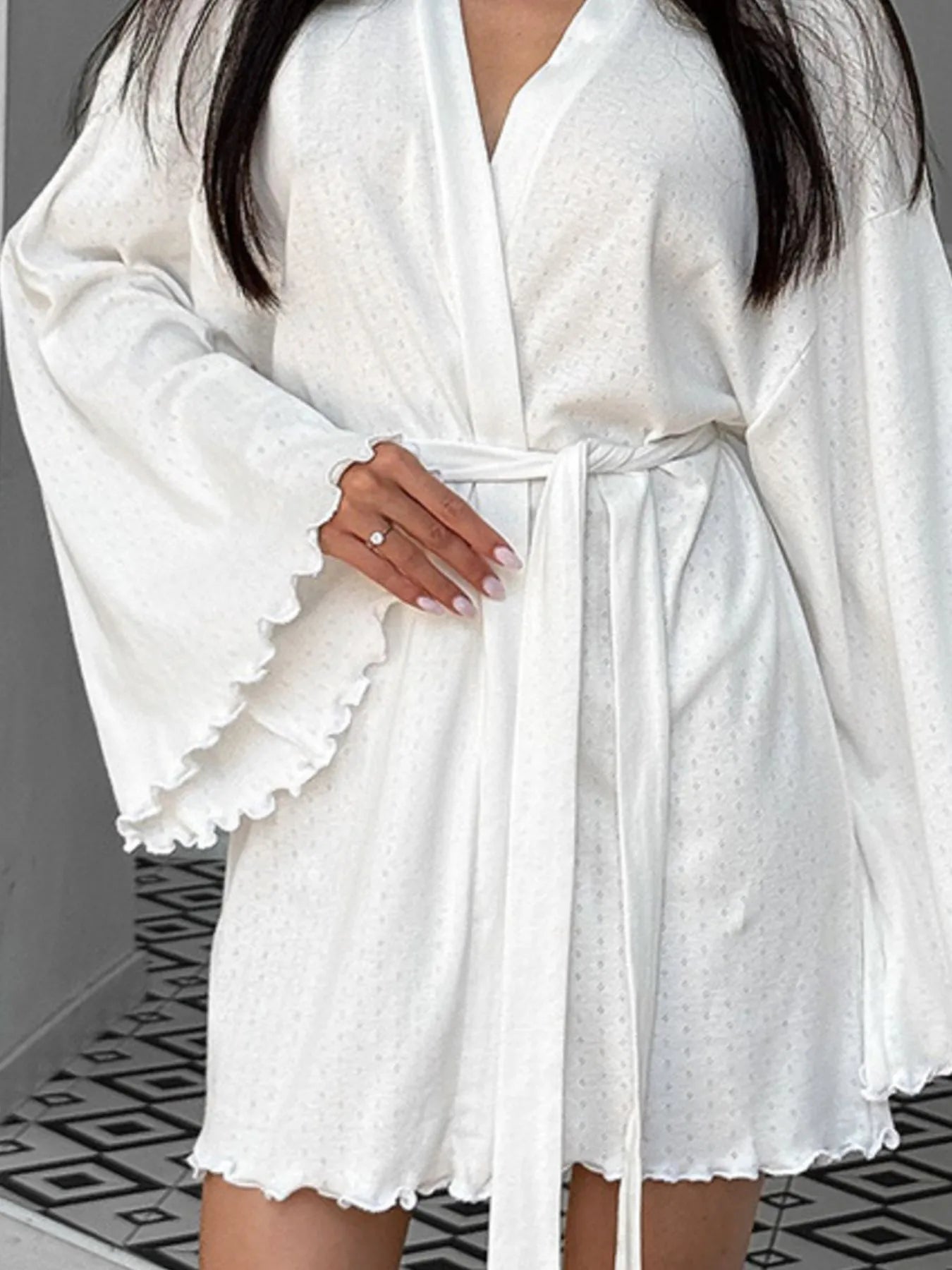 White tie-waist nightgown with V-neck, wide kimono sleeves, and scalloped hem