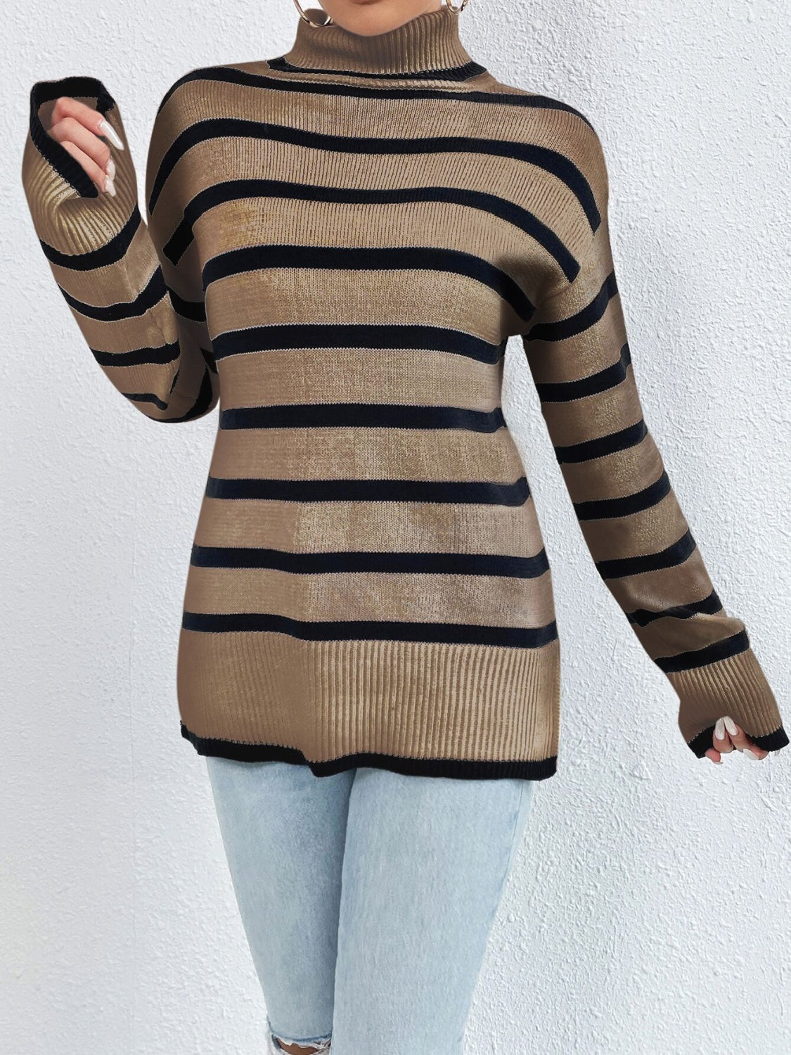 Camel and black striped turtleneck sweater with ribbed collar and cuffs