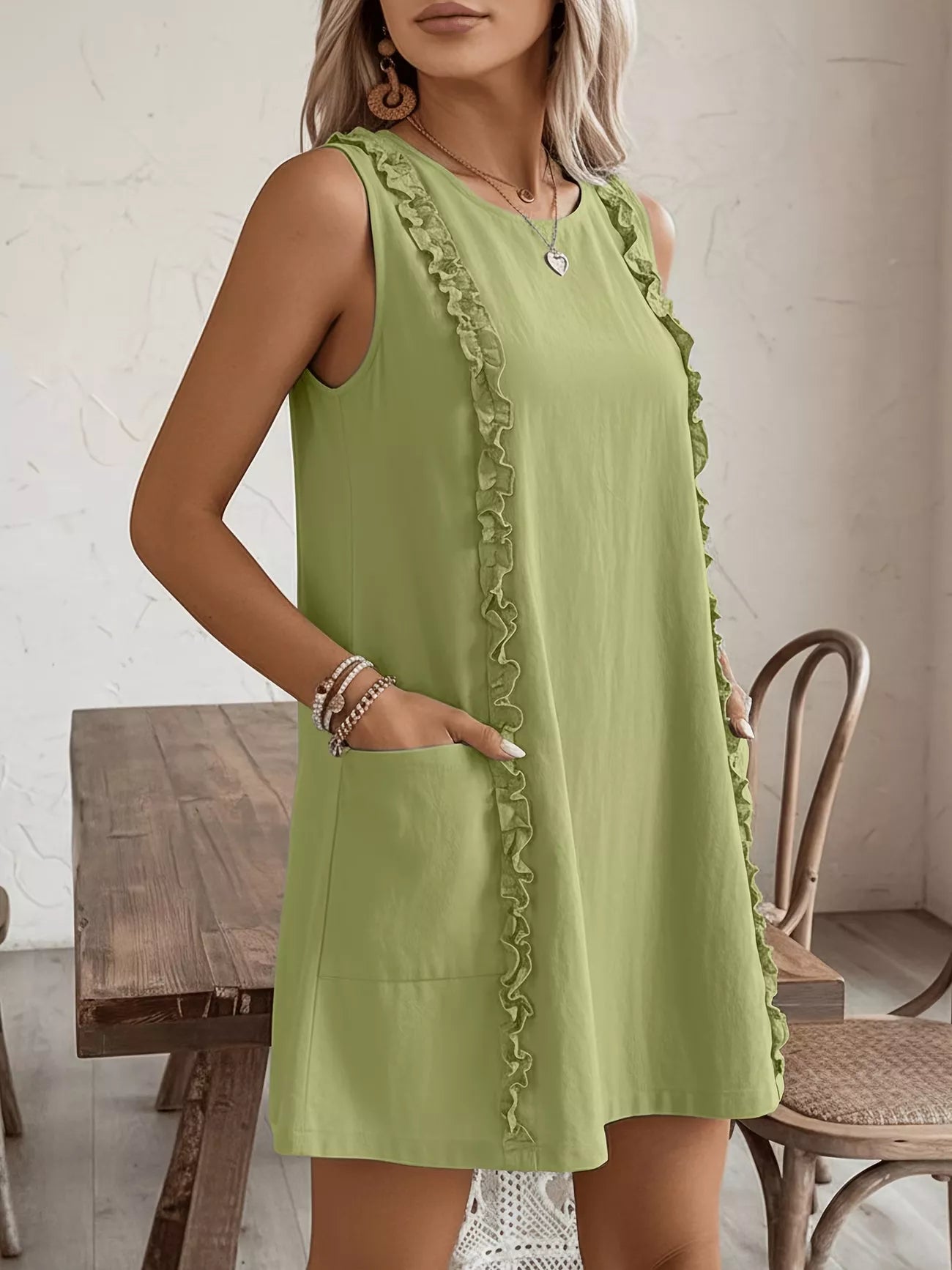 Cedar & Moore Frill Sleeveless Round Neck Dress in lime green, pocketed with ruffle trim
