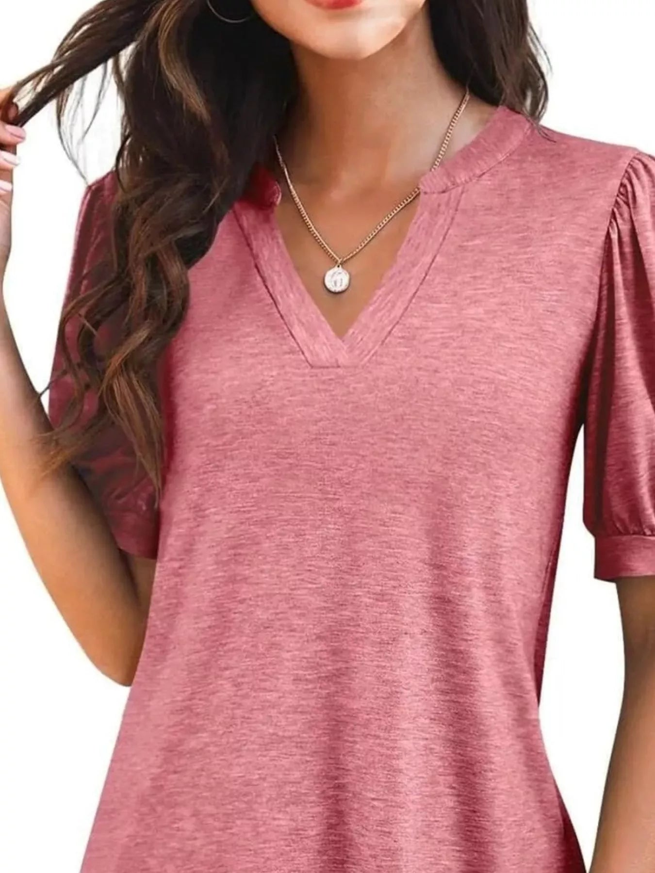 Cedar & Moore Puff Sleeve Notched Casual T-Shirt in pink heather