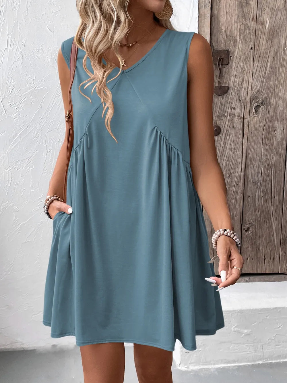 Ivy Lane ruched V-neck sleeveless mini dress in teal with pockets