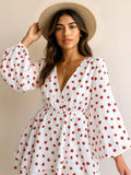Strawberry print long-sleeve mini dress in white with red berries by Trendsi