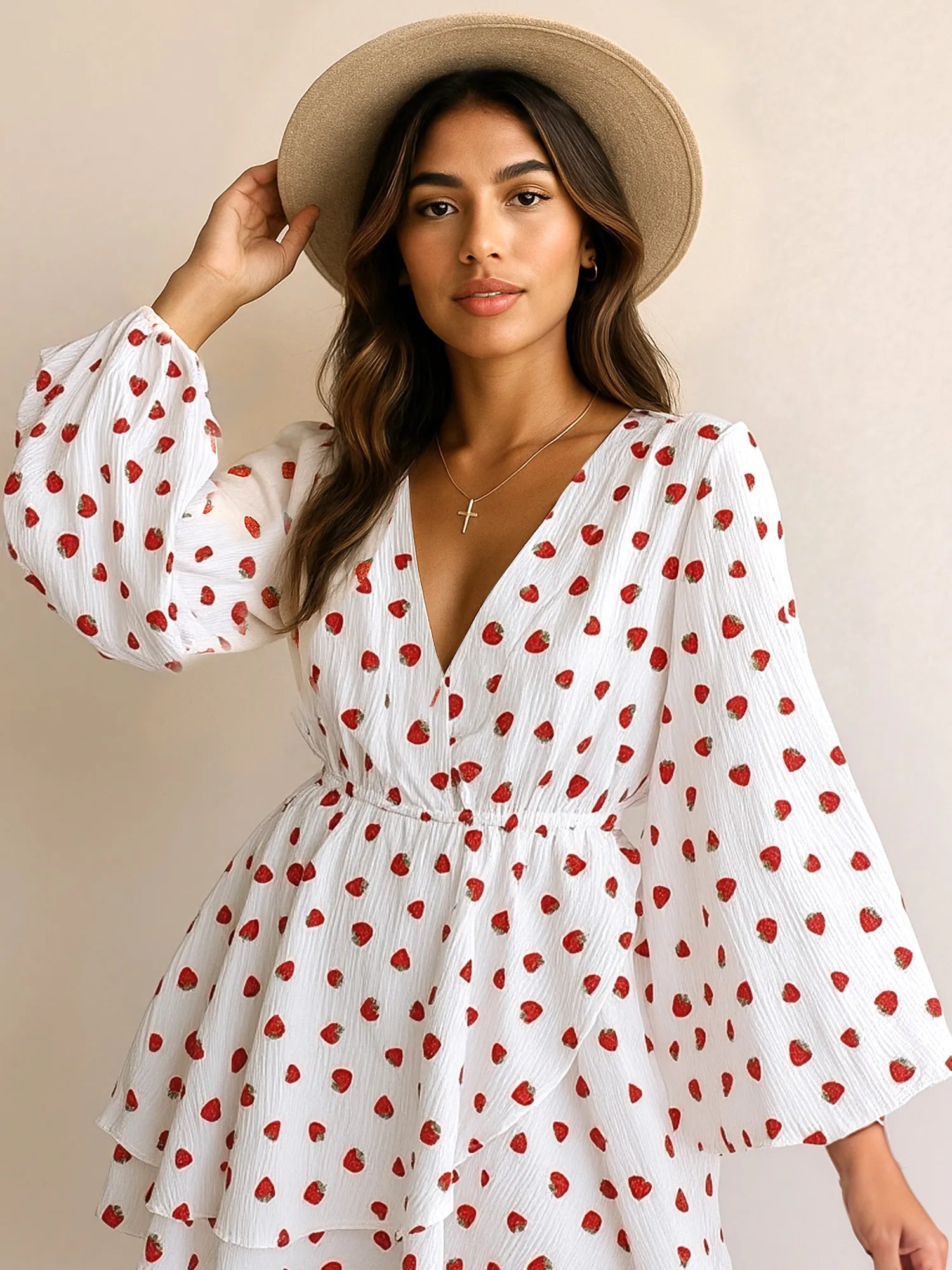 Strawberry print long-sleeve mini dress in white with red berries by Trendsi