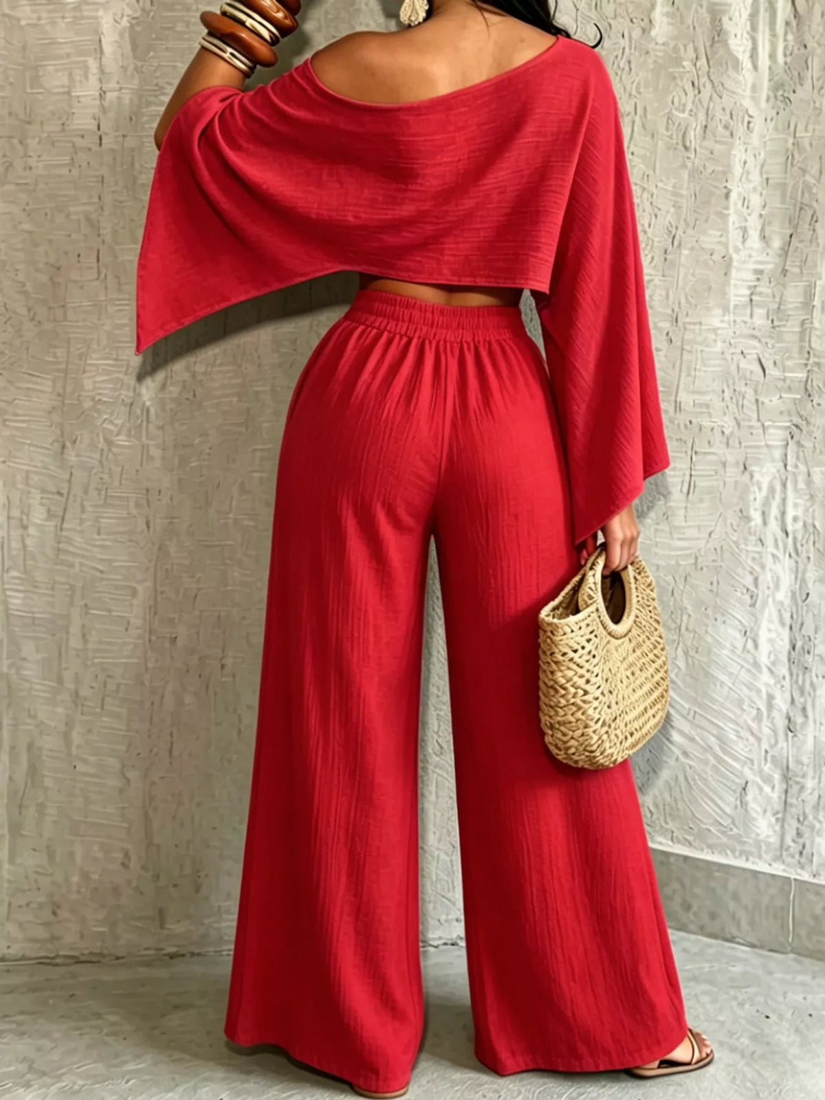 Red boat-neck crop top and wide-leg pants set with elastic waist