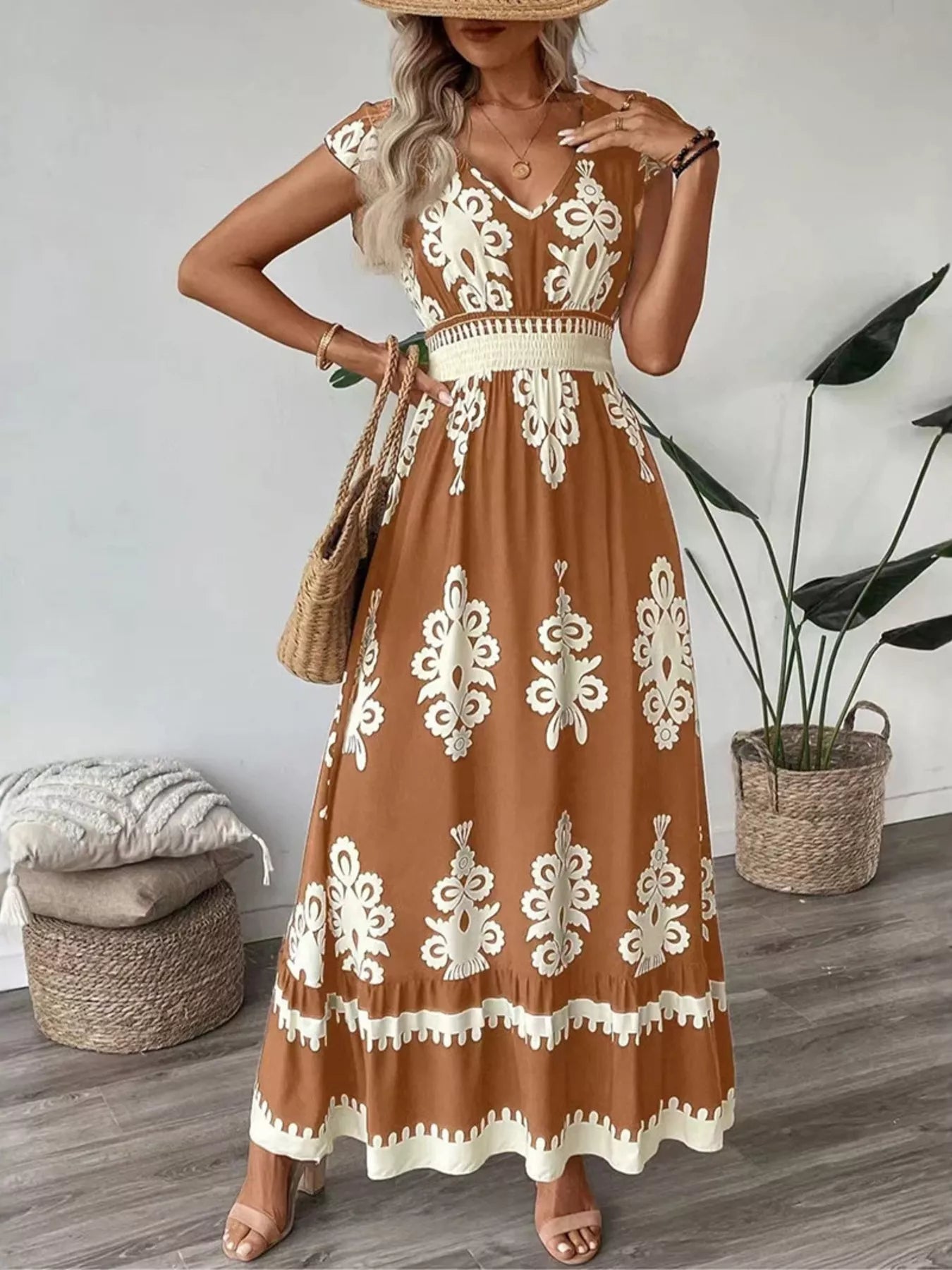 Caramel ruffled V-neck maxi dress with white floral damask print and smocked waist