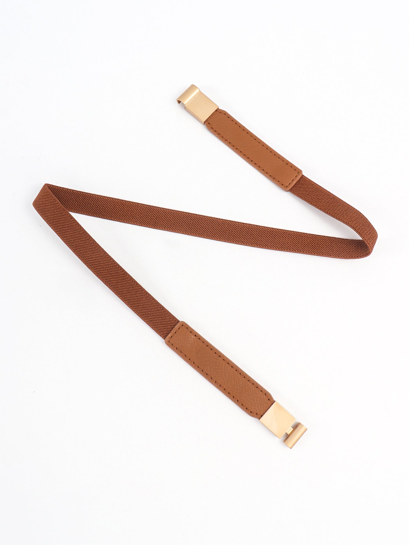 Caramel brown elastic skinny belt with gold-tone buckle ends