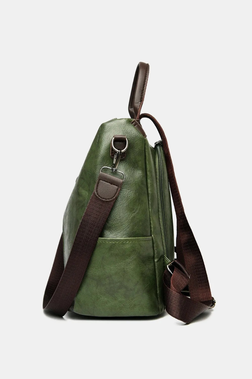 Dark green vegan leather backpack bag angled view with shoulder straps and handle loops