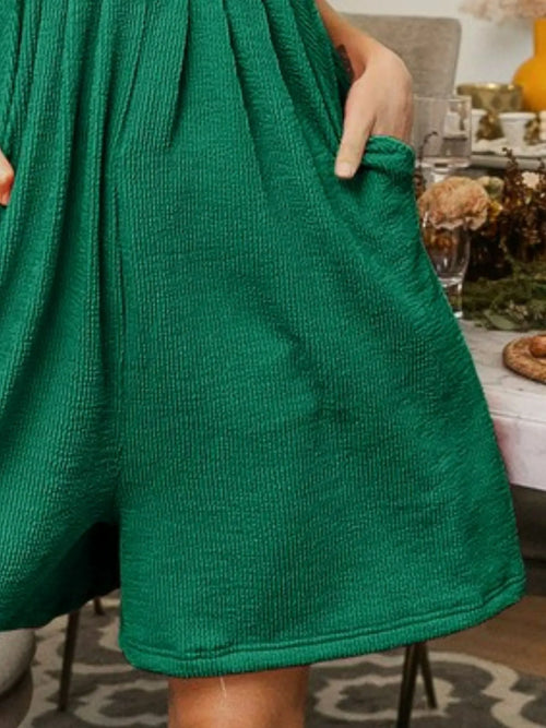 Jade wide-leg shortalls with gathered skirt and textured crinkle rib fabric