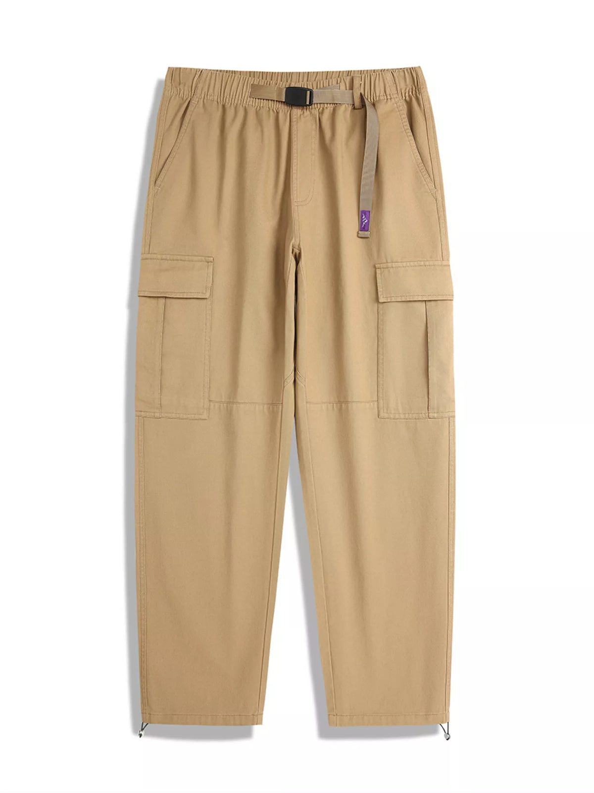 Men's khaki cargo pants, elastic waist, side cargo pockets, ankle drawcord