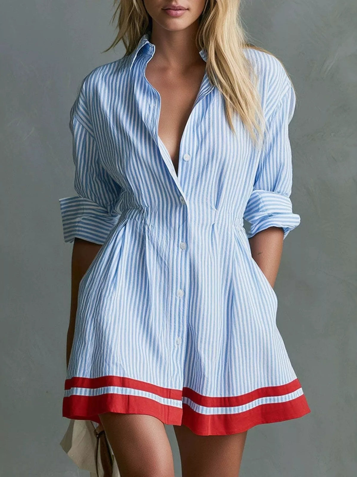 Light blue striped button-down shirt dress with red hem band