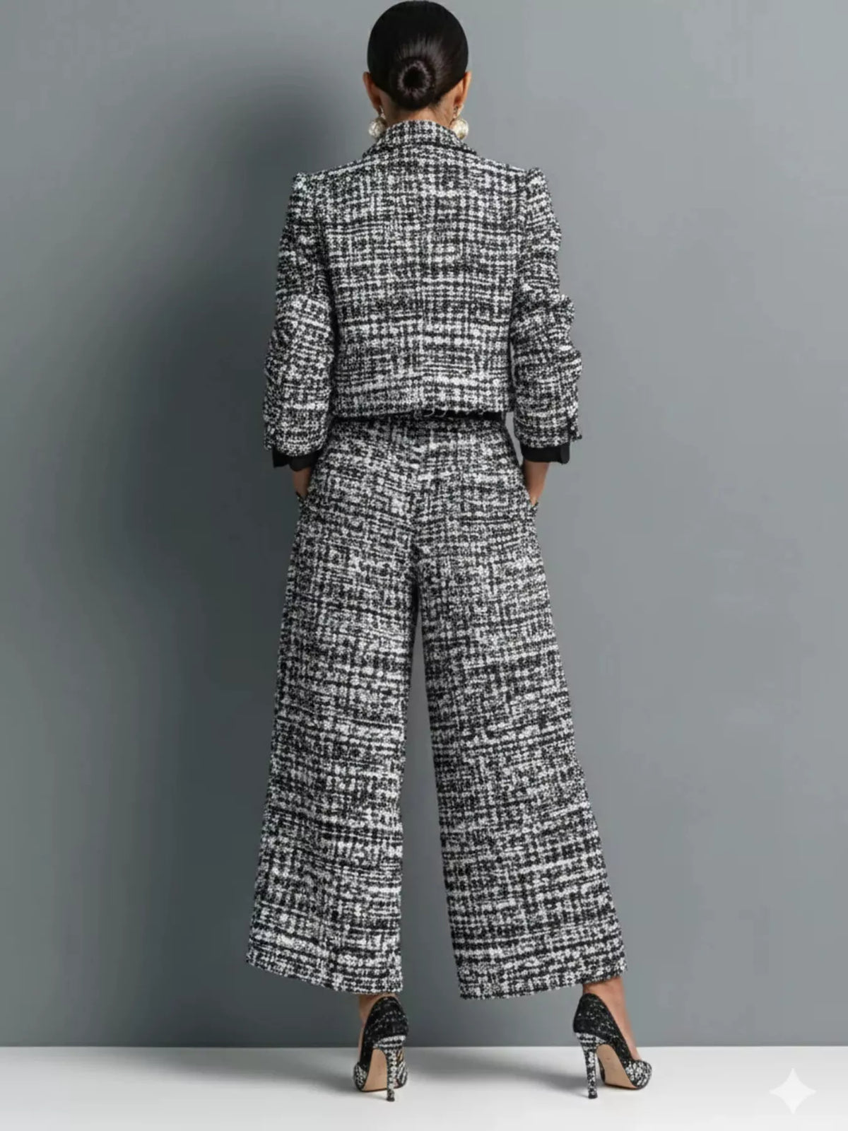 Black tweed cropped blazer and wide-leg pants set, back view