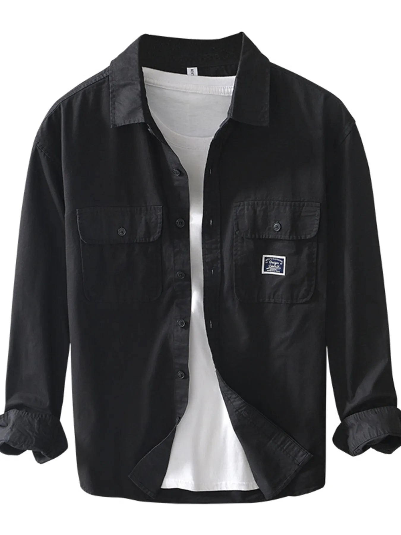 Black button-up long sleeve shirt with chest pockets and logo patch