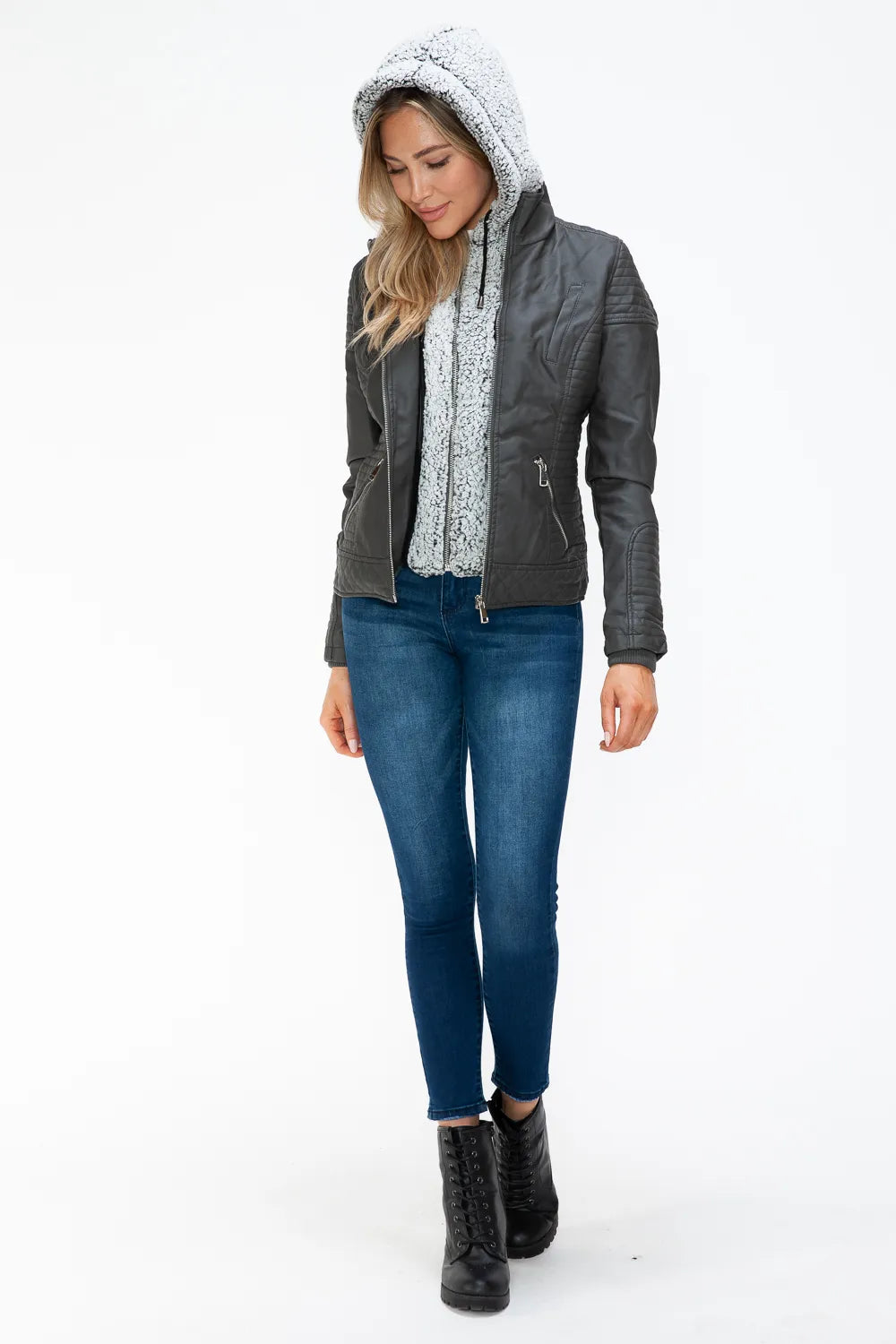 Charcoal double-zipper jacket with fuzzy hood lining and textured body