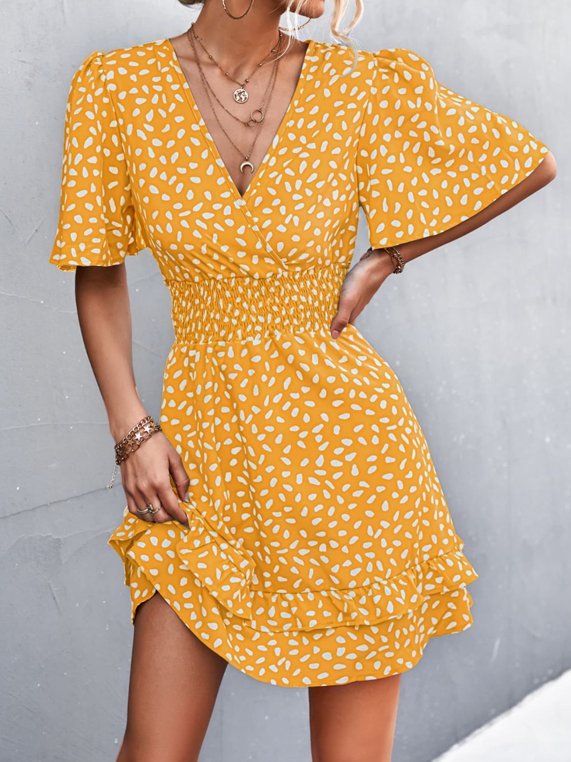 Mustard printed smocked-waist surplice layered dress with flutter sleeves