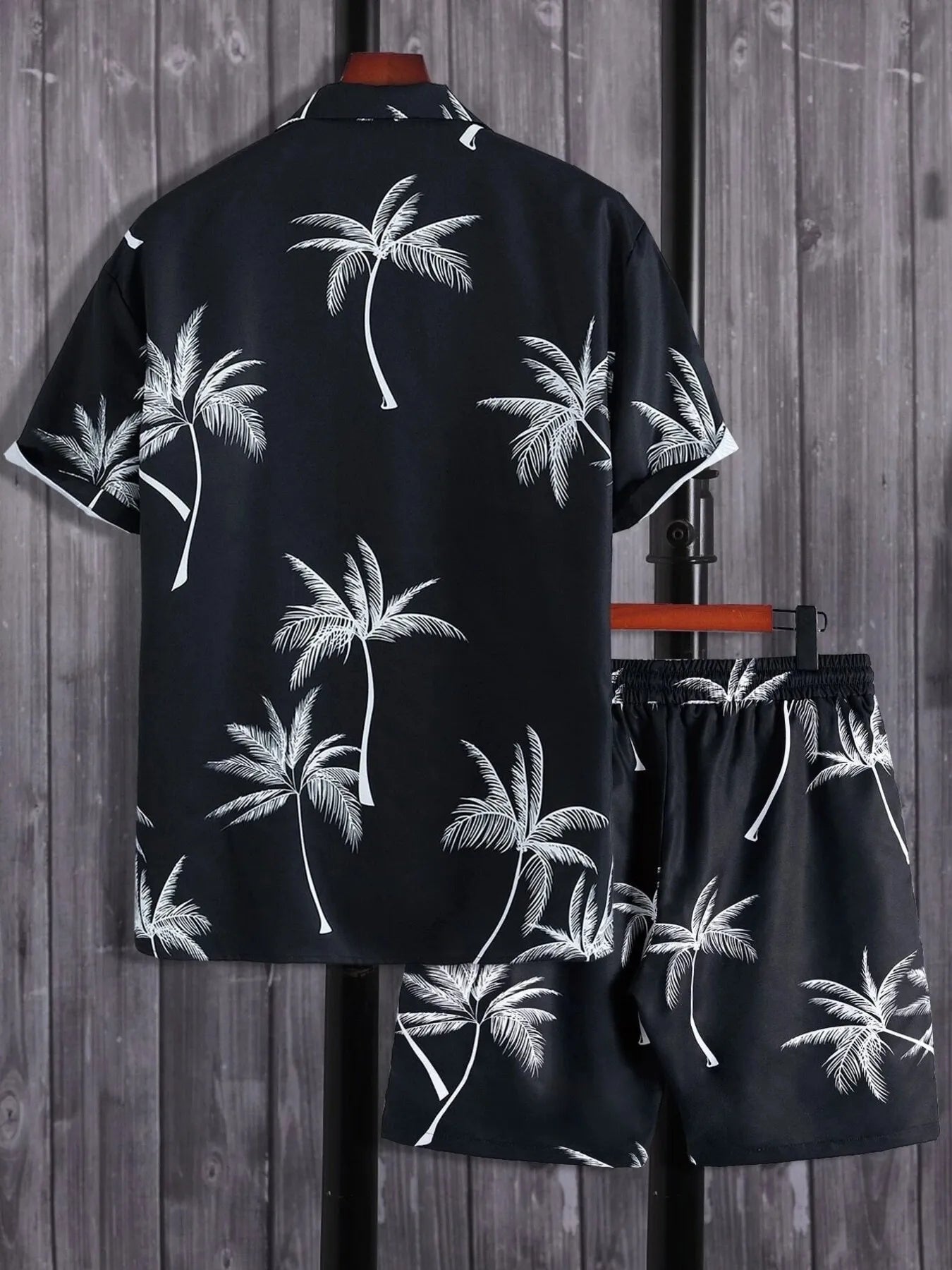 Men's palm print button-up shirt and shorts set, black with white palm trees.
