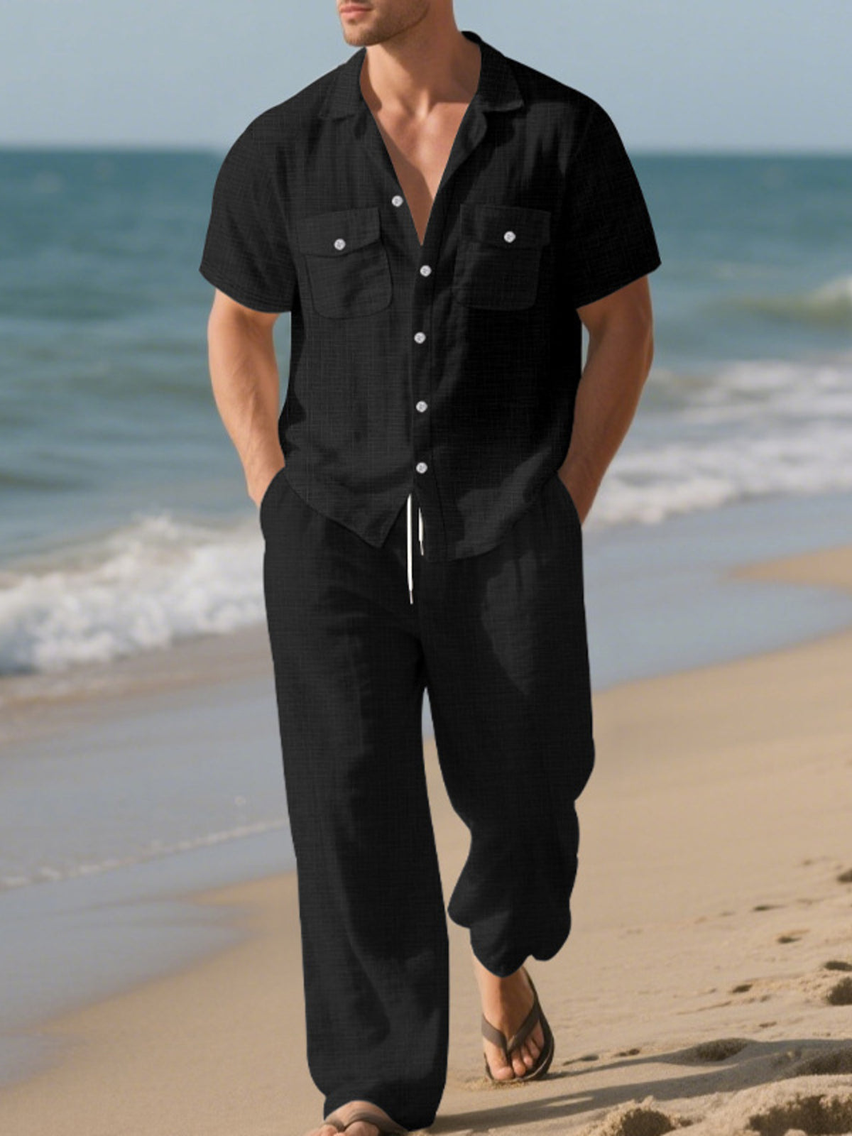 Black men’s short-sleeve button-up shirt and matching relaxed pants set