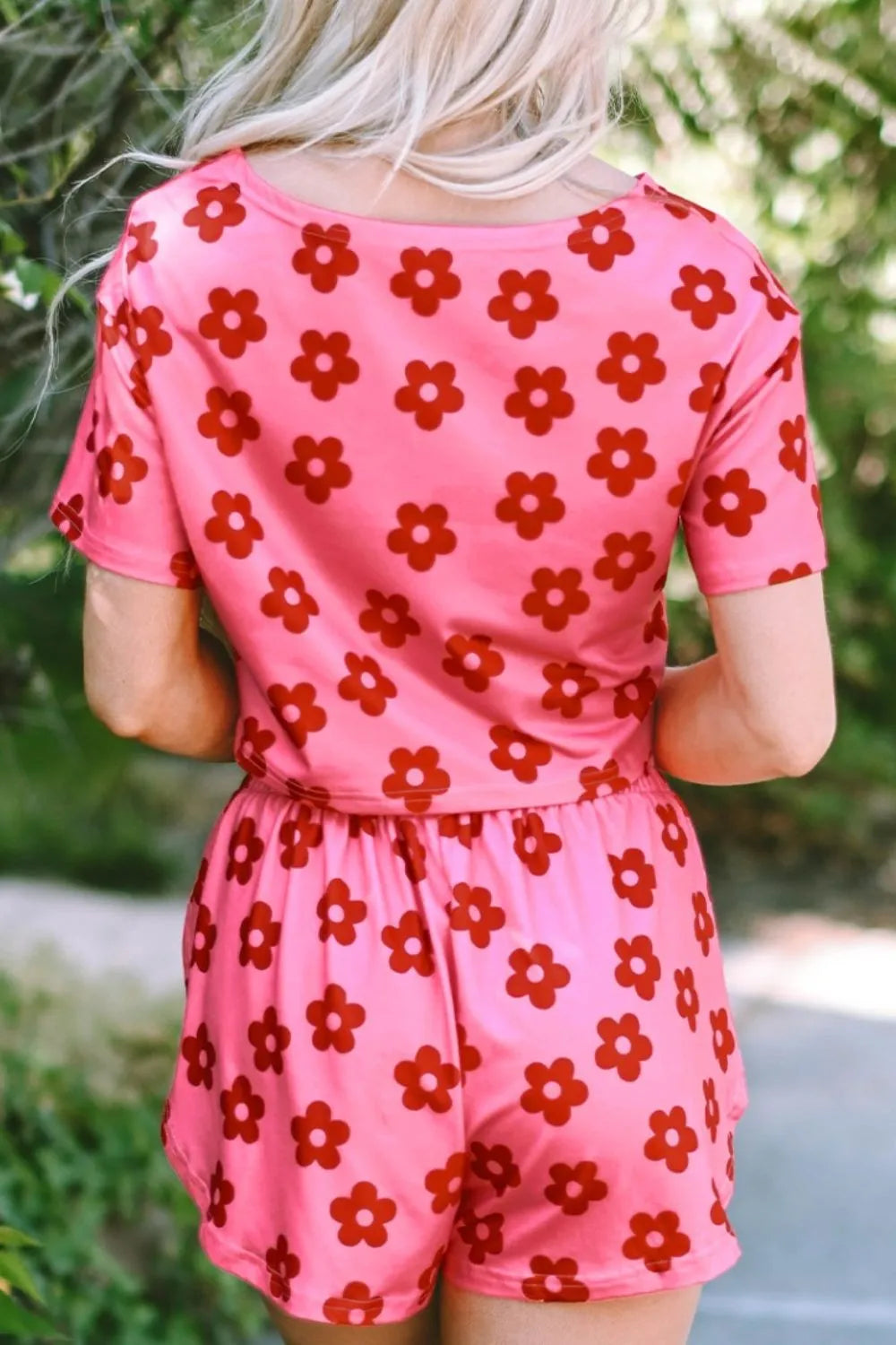 Coral floral cropped tee and shorts lounge set with gathered elastic waist