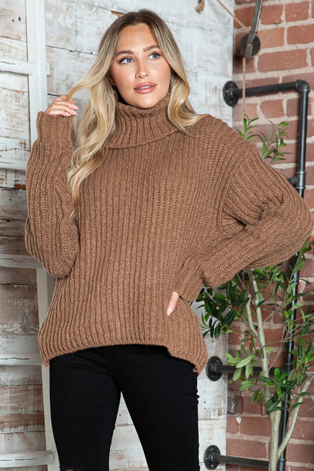 Brown chunky knit turtleneck pullover sweater with long ribbed cuffs