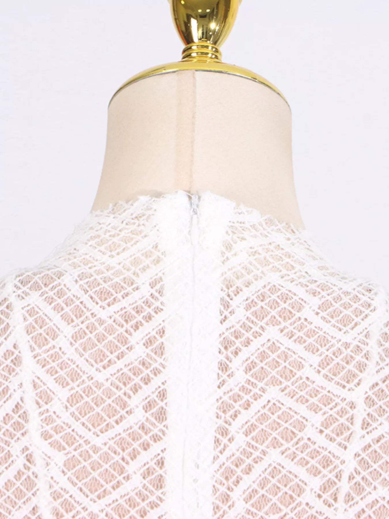 Cedar & Moore Lace Mock Neck Long Sleeve Maxi Dress in ivory lace on mannequin