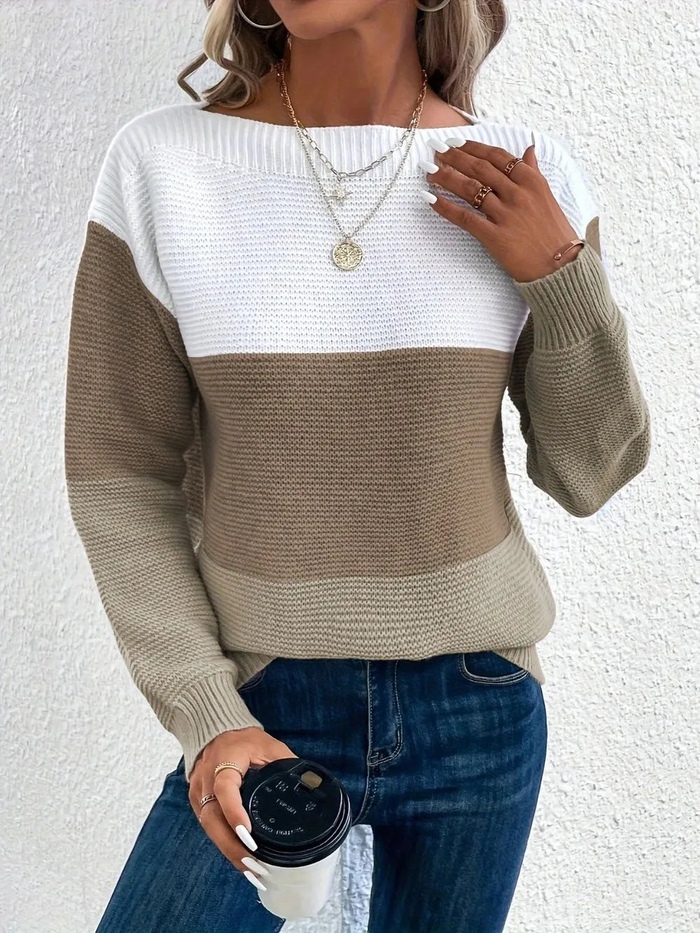 Color block knit sweater in white and taupe, boat neck, long sleeves.