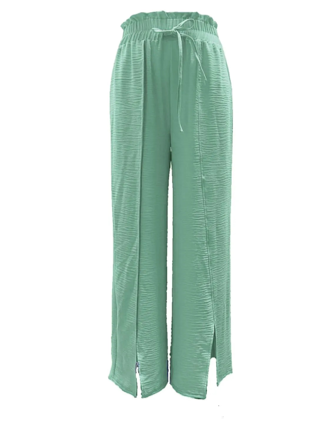 Mint green slit wide-leg pants with drawstring elastic waistband and side slit hem