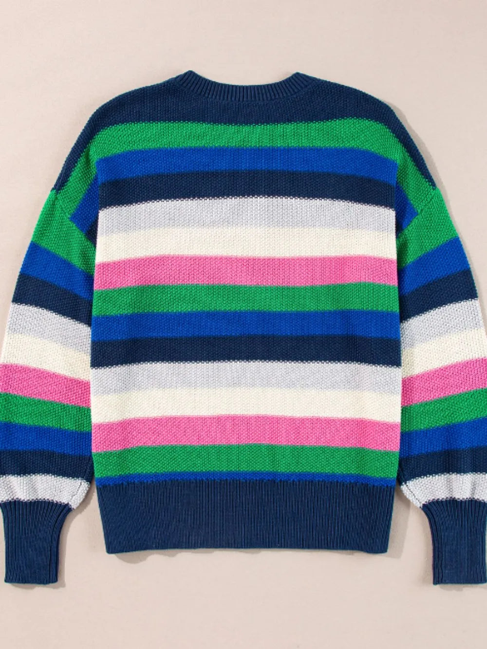 Front view: striped round-neck sweater with navy base and green, blue, white, pink stripes