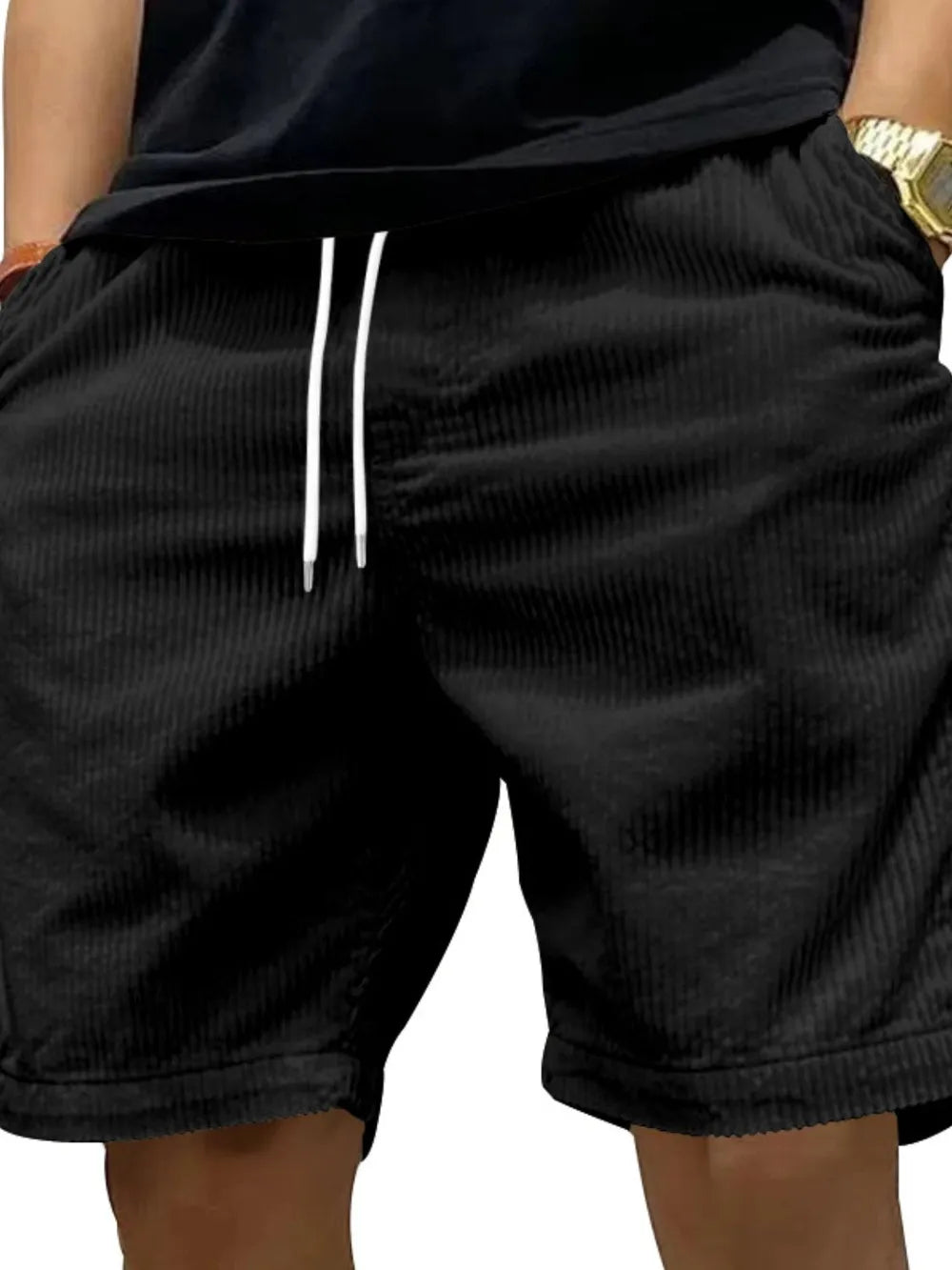 Men's drawstring shorts with side pockets, black fabric and white drawstring