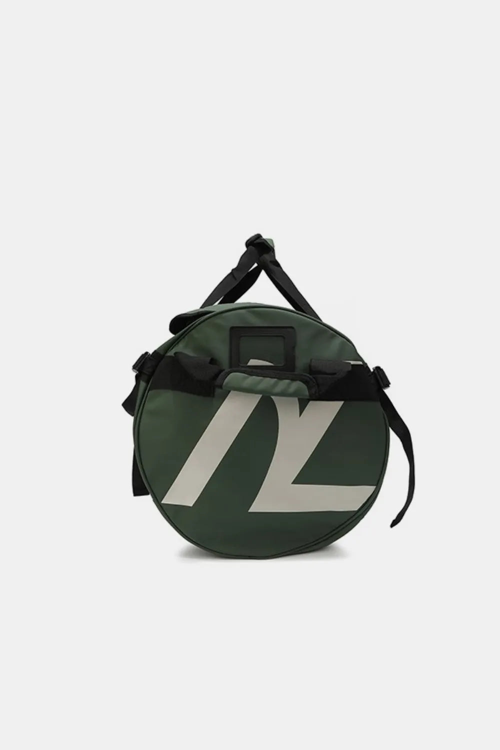 Green round duffel bag with bold NZ-style graphic and top carry handle