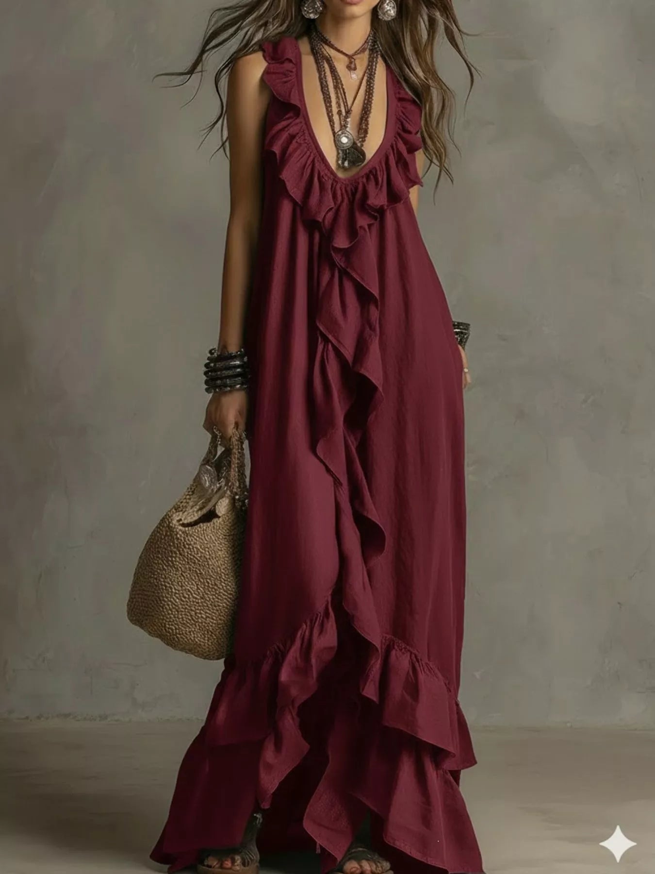 Sleeveless burgundy maxi dress with layered ruffle tiers along the skirt