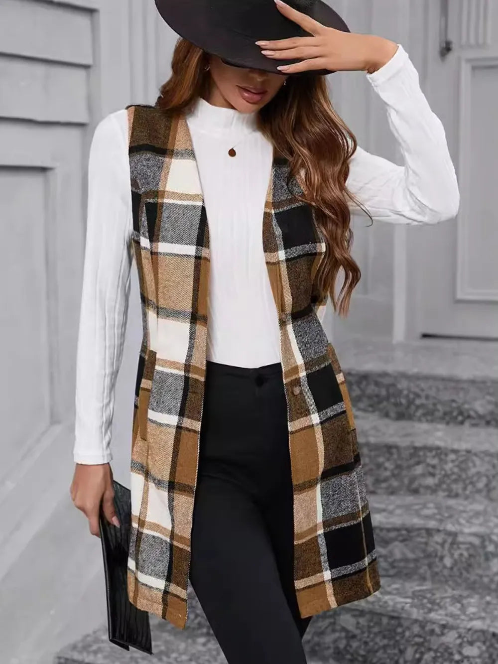 Plaid sleeveless vest coat with V-neck, camel and black with cream lines