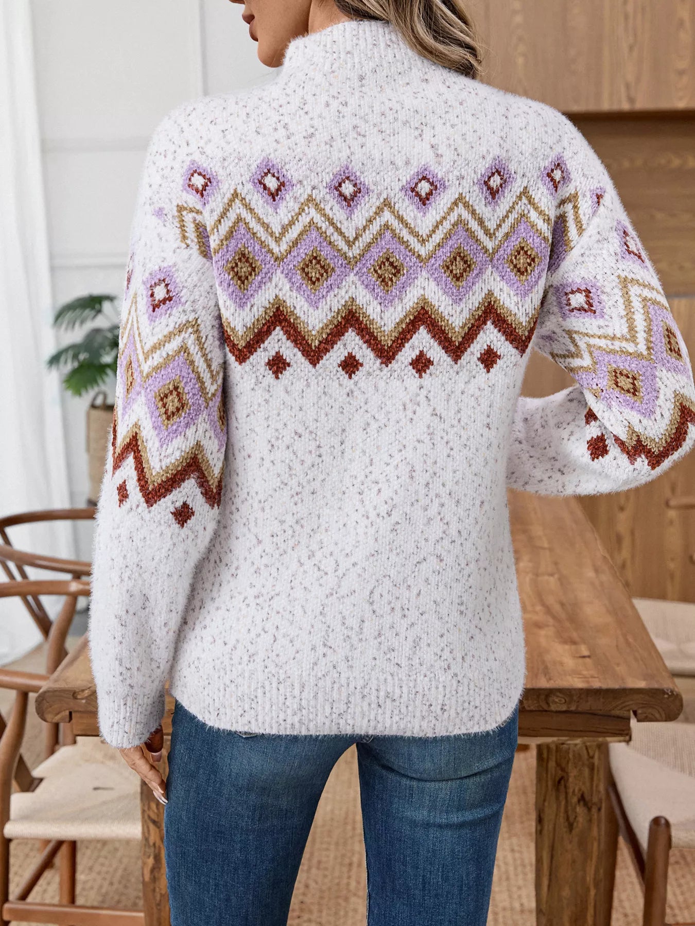 White knit mock neck long sleeve sweater with multicolor diamond and zigzag yoke