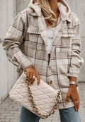 Plaid shacket with removable hood, button-front, and two chest flap pockets; long sleeves