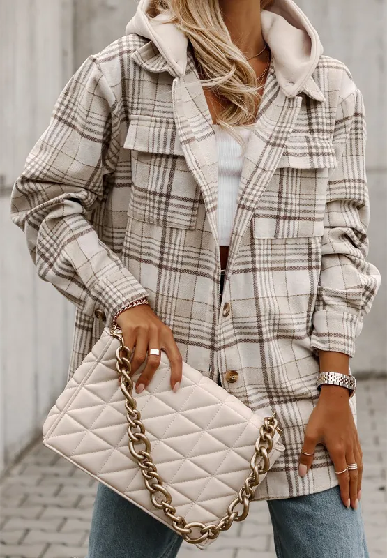 Plaid shacket with removable hood, button-front, and two chest flap pockets; long sleeves