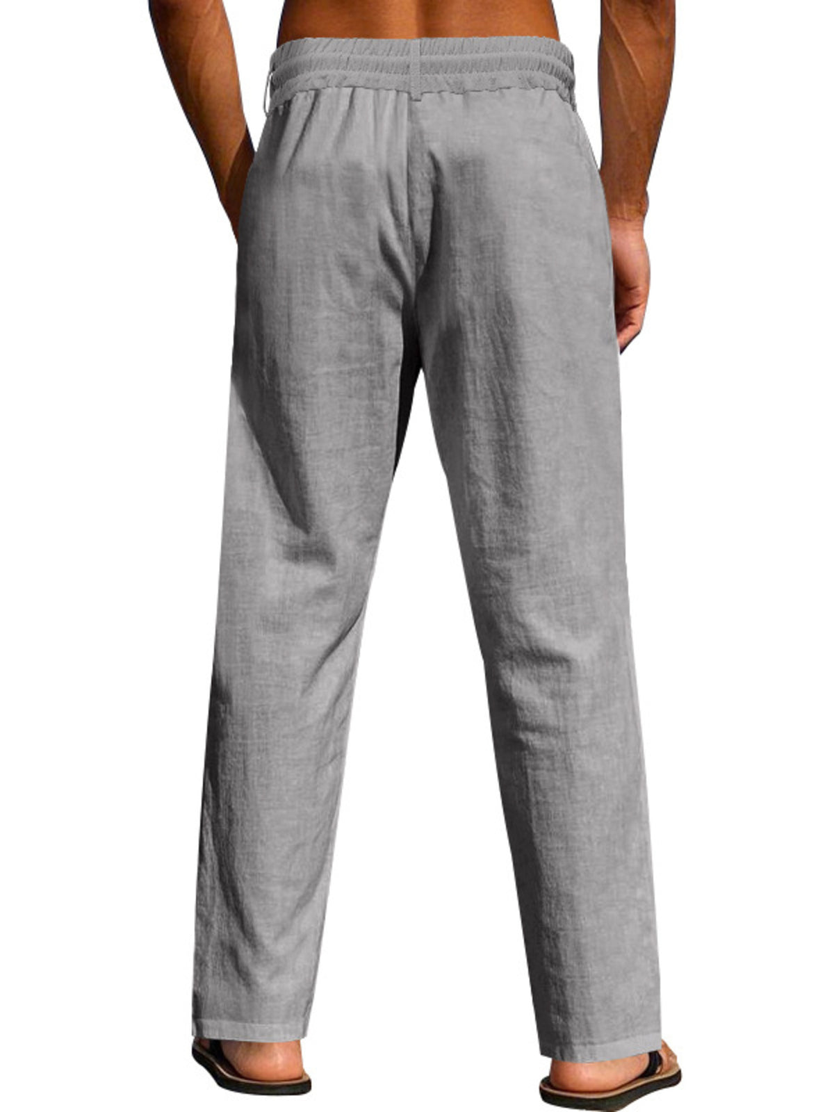Men's lightweight drawstring pants, light gray relaxed legs, elastic waistband and tie.