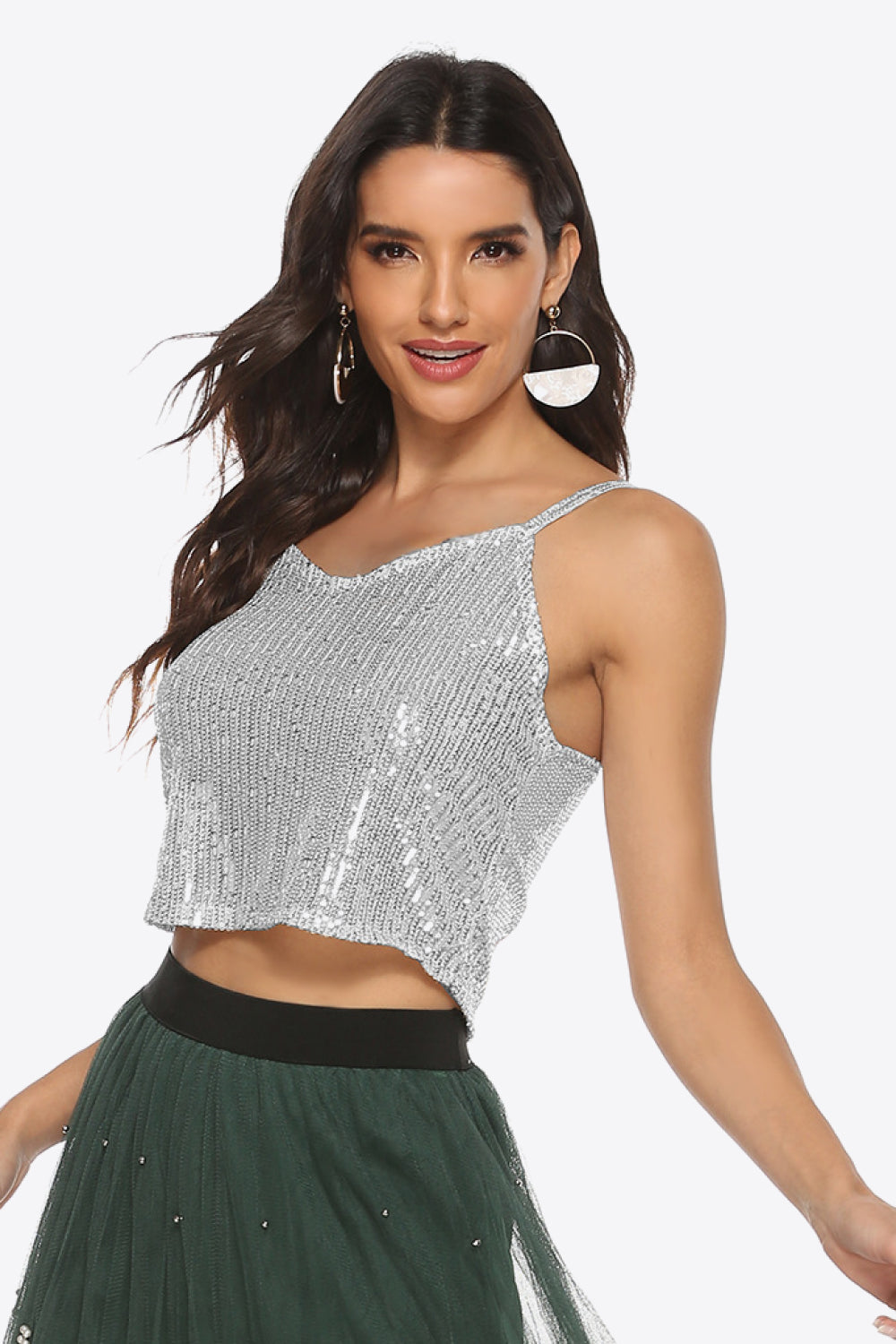 Metallic sequin cropped cami with thin spaghetti straps and V-cut front