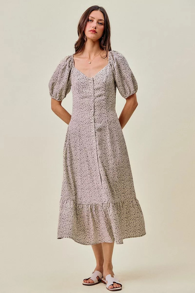 Ditsy floral maxi dress with elastic waist and self belt, puff sleeves, V-neck
