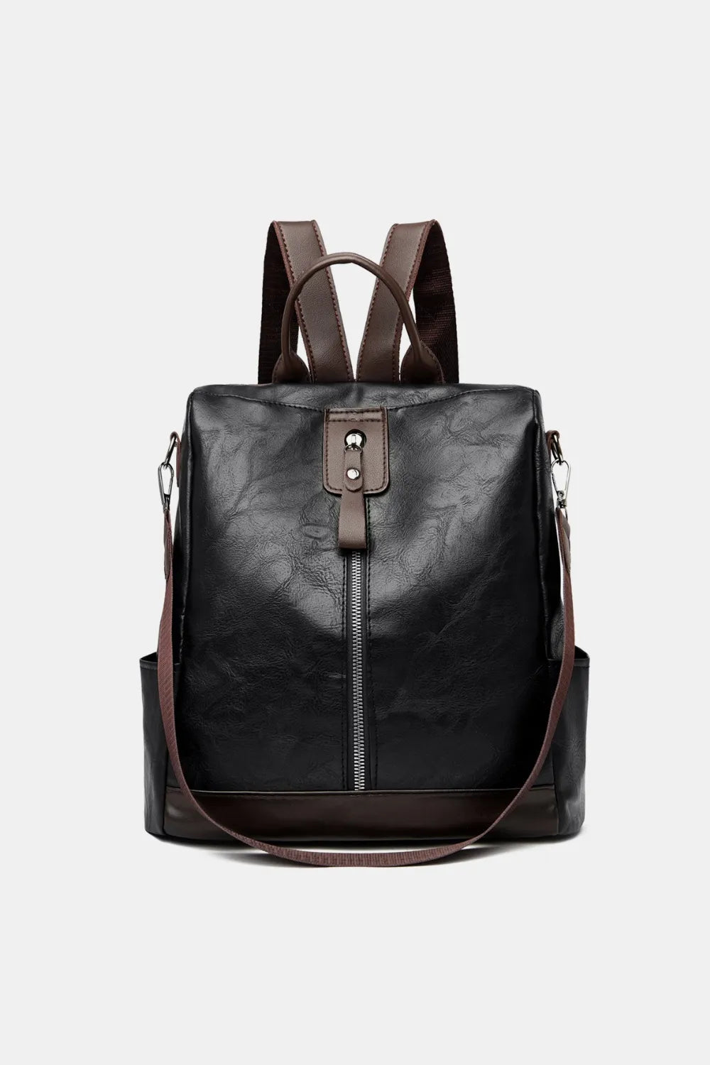 Black vegan leather backpack bag with front zip and shoulder straps