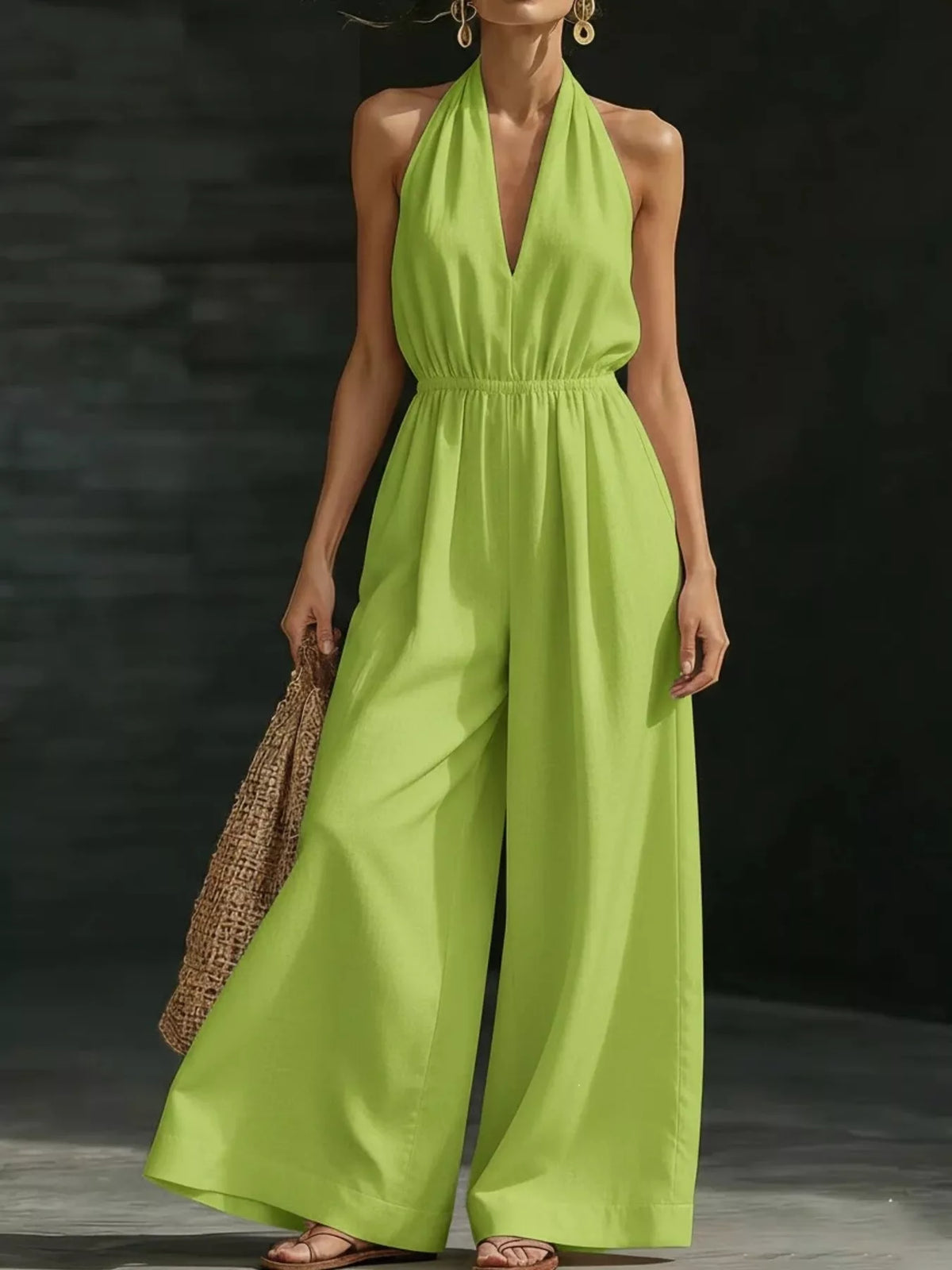 Fluorescent green halter-neck wide-leg jumpsuit with deep V neckline and gathered waist