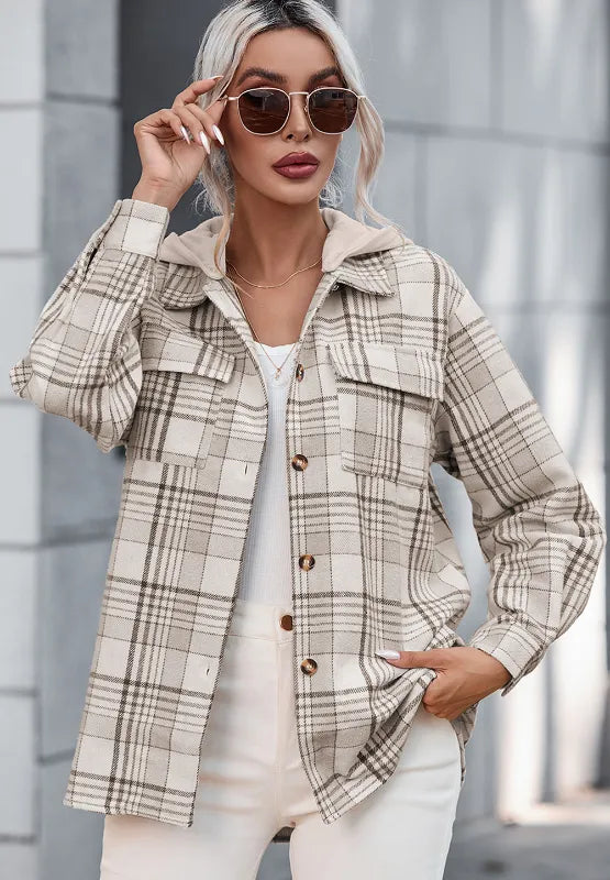 Plaid shacket with removable hood and button-front; chest flap pockets and long sleeves