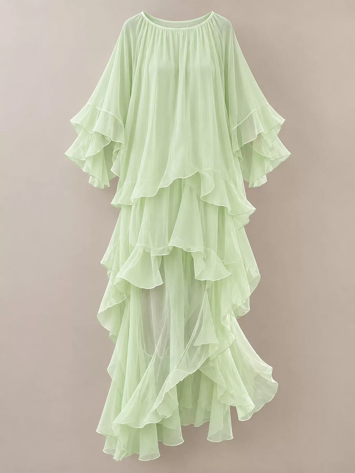 Light green tiered maxi dress with full ruffle layers and gathered crew neckline