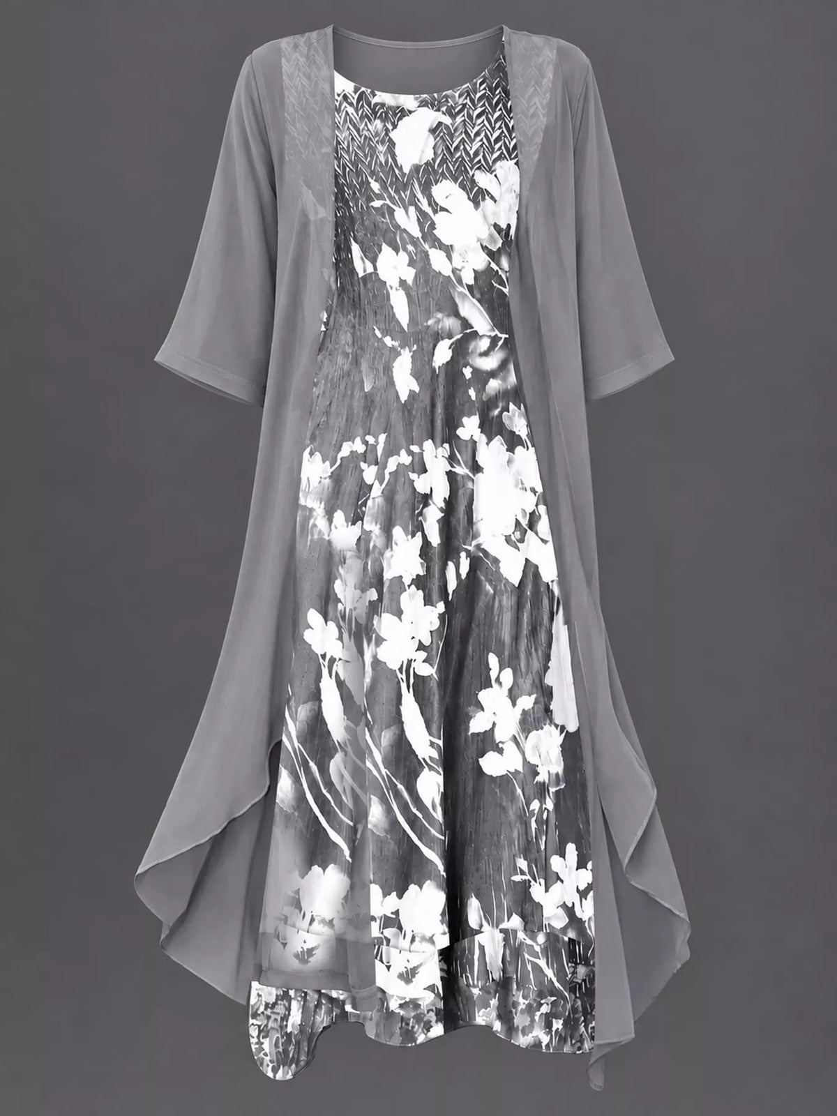 Floral dress and chiffon cardigan set with gray sleeves over black-and-white floral print