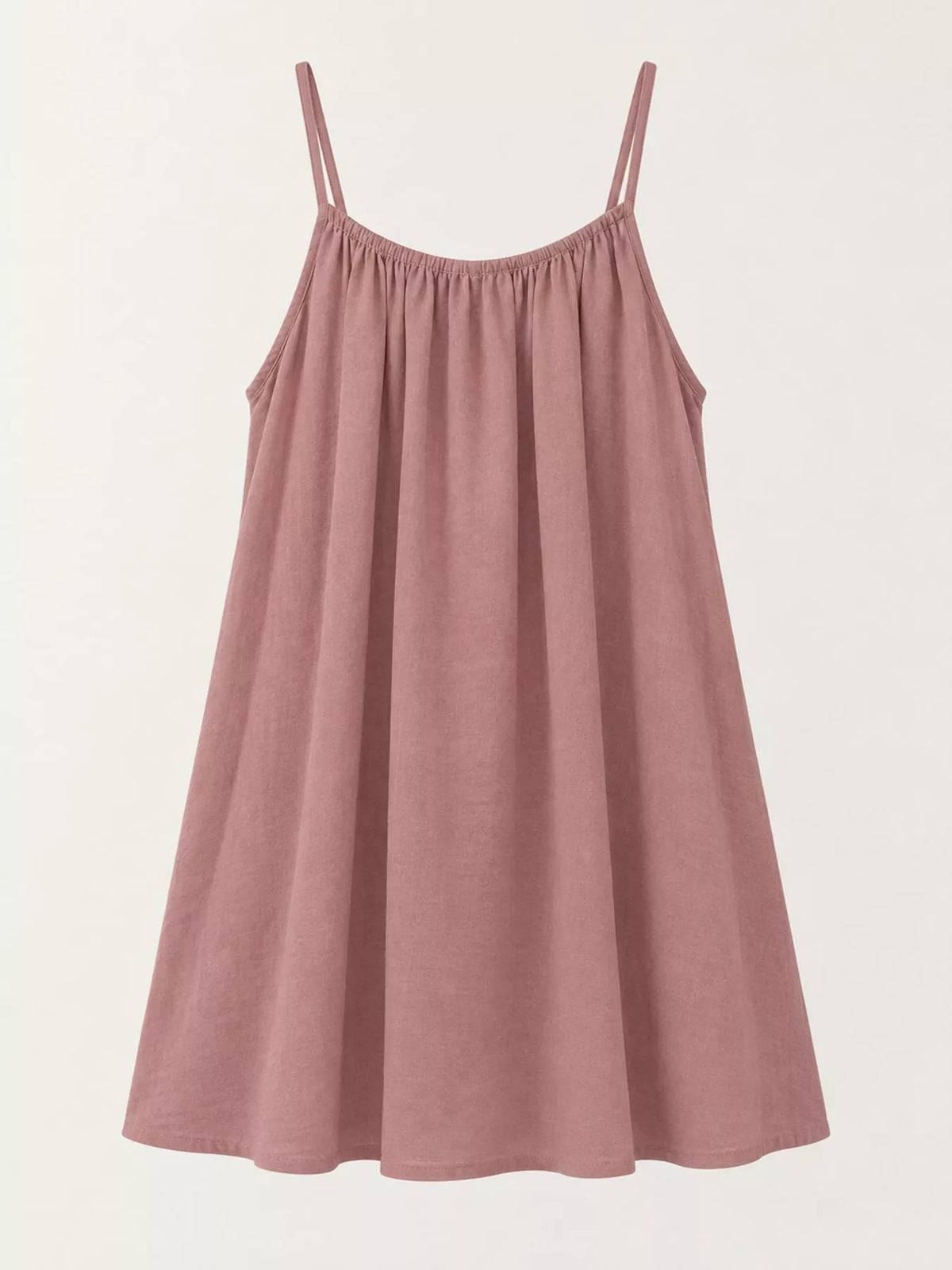 Backless spaghetti-strap ruched mini dress in dusty mauve, gathered top and thin shoulder straps.